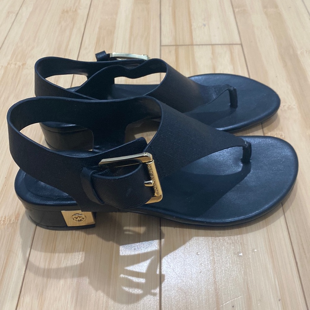 Michael Kors barely worn black sandals with small heel & gold accents